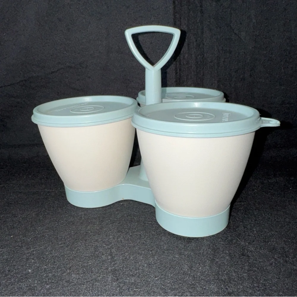 Vintage Tupperware 3 Container Condiment Set Caddy #757-4 w/ Blue Lids